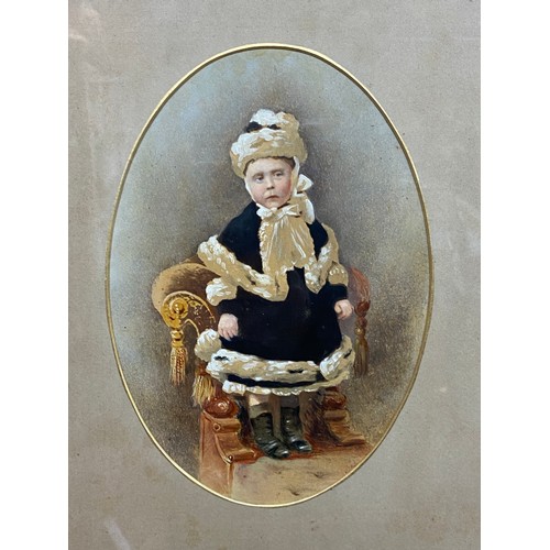 269 - 19TH CENTURY SCHOOL PORTRAIT OF A CHILD IN ERMINE TRIMMED CLOAK AND BONNET HEIGHTENED IN GOUACHE FRA... 