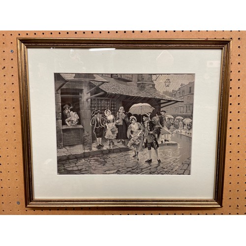 303 - CASHS N.FRERES WOVEN SILK MONOCHROME COBBLE STREET SCENE