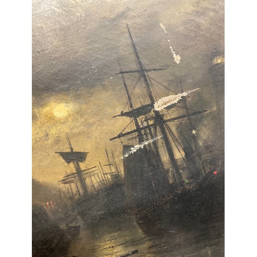 266 - ROBERT ERNEST ROWE (1852-1921) OILS ON CANVAS SHIPS IN A MOONLIT QUAY SIGNED LOWER LEFT