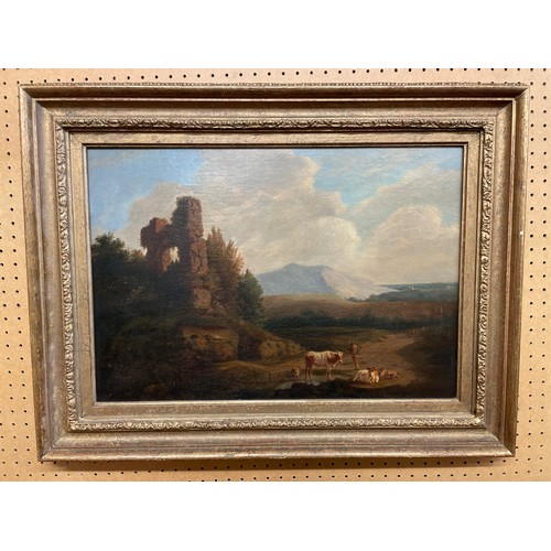 265 - 19TH CENTURY ENGLISH SCHOOL OILS ON CANVAS CATTLE AND FIGURES BEFORE RUINS RELINED AND FRAMED