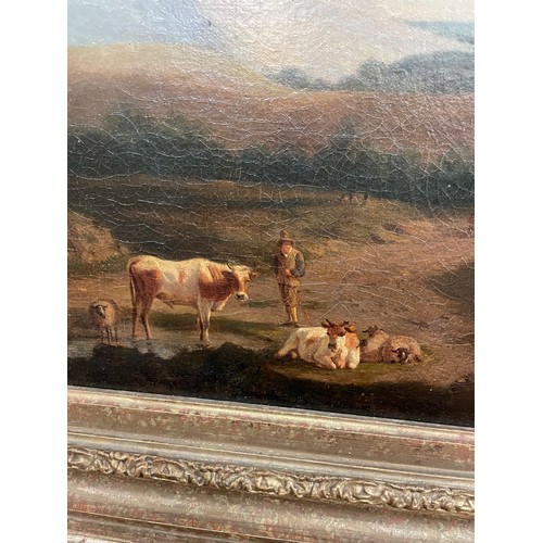 265 - 19TH CENTURY ENGLISH SCHOOL OILS ON CANVAS CATTLE AND FIGURES BEFORE RUINS RELINED AND FRAMED