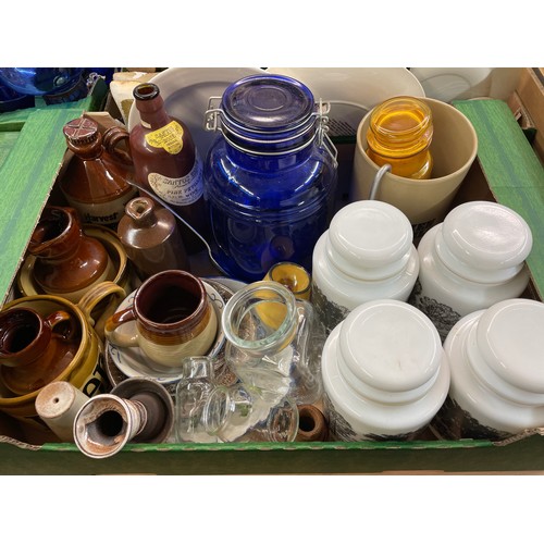 314 - CARTON - STONEWARE BOTTLES AND ALE FLAGONS, STORAGE CANISTERS, BLUE GLASS KILNER TYPE JAR