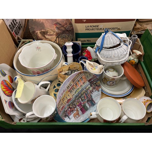 312 - BOX CONTAINING VARIOUS CERAMICS, COMMEMORATIVEWARES, CHAMBER POT, LIMITED EDITION PLATES