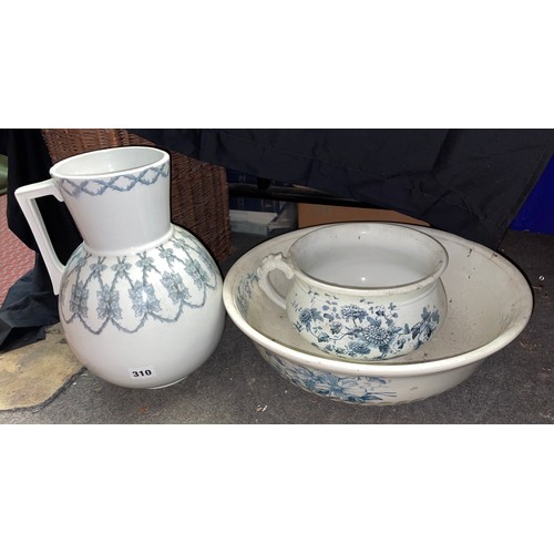 310 - STAFFORSHIRE TRANSFER PRINTED WASH BOWL AND CHAMBER POT AND A WATER JUG