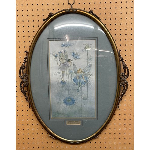 237 - LITHOGRAPHIC PRINT LOVE IN A MIST AFTER MARGARET W TARRENT IN A GLAZED CONVEX OVAL METAL FRAME