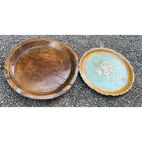 222 - LARGE DUG OUT WOODEN DISH AND PAINTED FLORAL TRAY