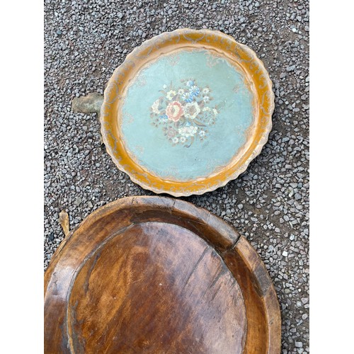 222 - LARGE DUG OUT WOODEN DISH AND PAINTED FLORAL TRAY