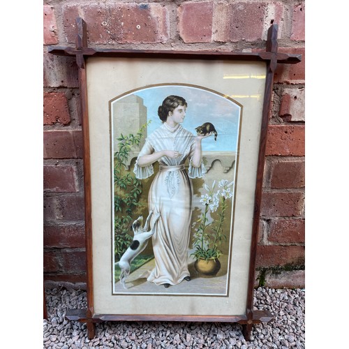 239 - EDWARDIAN LITHOGRAPHIC PRINT OF LADY HOLDING A KITTEN IN GLAZED OXFORD FRAME