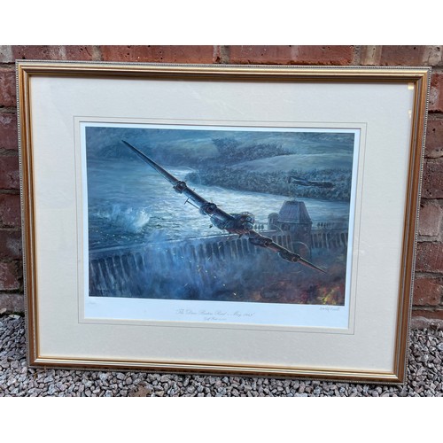 255 - DAM BUSTERS RAID LITHOGRAPHIC PRINT SIGNED PENCIL GEOFF HUNT WITH BLIND PROOF STAMP FRAMED AND GLAZE... 