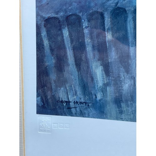 255 - DAM BUSTERS RAID LITHOGRAPHIC PRINT SIGNED PENCIL GEOFF HUNT WITH BLIND PROOF STAMP FRAMED AND GLAZE... 