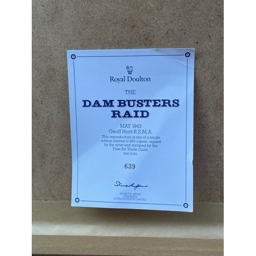 255 - DAM BUSTERS RAID LITHOGRAPHIC PRINT SIGNED PENCIL GEOFF HUNT WITH BLIND PROOF STAMP FRAMED AND GLAZE... 