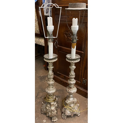 210 - PAIR OF SILVERED BAROQUE TRIFORM PRICKET CANDLE STICK LAMPS