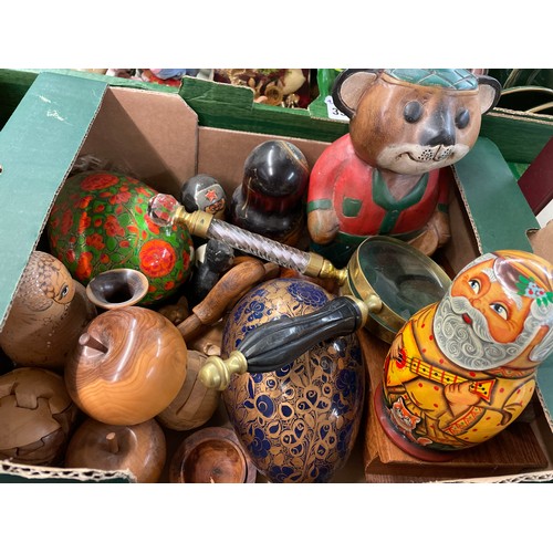 350 - BOX - CARVED WOODEN FIGURES, RUSSIAN BABUSHKA DOLLS, TURNED WOODEN FRUIT AND PUZZLE BALL