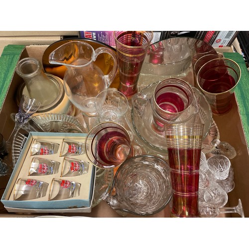 358 - CARTON - RUBY AND GILT LINED TALL BEAKERS, SET OF SMALL SHERRY GLASSES, BOWLS