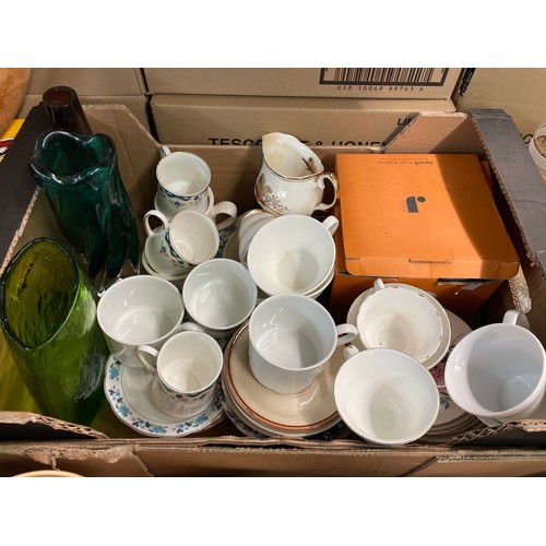 361 - CARTON - PARAGON PART COFFEE SET AND OTHER BONE CHINA, GREEN GLASS AND PRESSED VASES