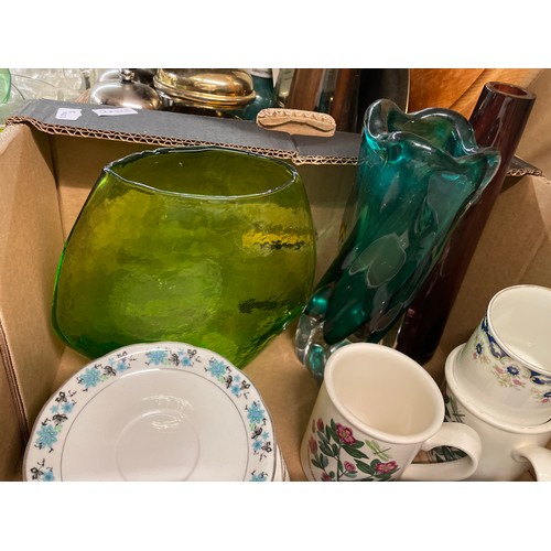 361 - CARTON - PARAGON PART COFFEE SET AND OTHER BONE CHINA, GREEN GLASS AND PRESSED VASES