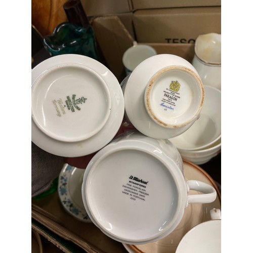 361 - CARTON - PARAGON PART COFFEE SET AND OTHER BONE CHINA, GREEN GLASS AND PRESSED VASES