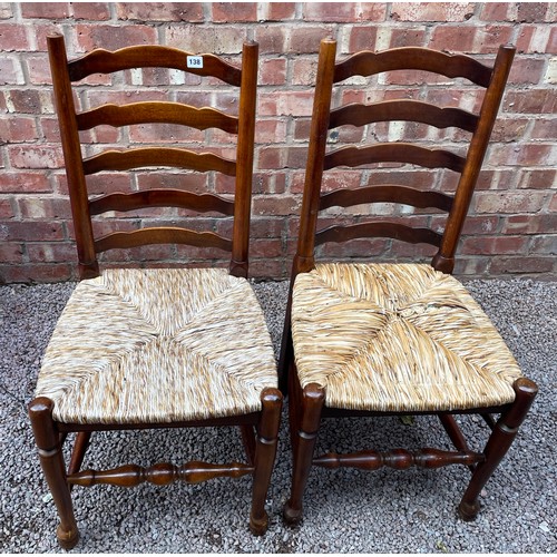 138 - SET OF FOUR RUSH SEATED ELM LANCASHIRE STYLE LADDER BACK CHAIRS