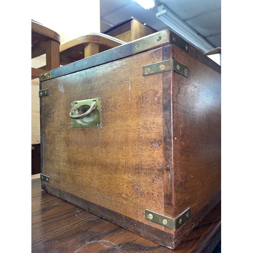 163 - MAHOGANY OBLONG BOX WITH BRASS MILITARY MOUNTS AND FLUSH HANDLES