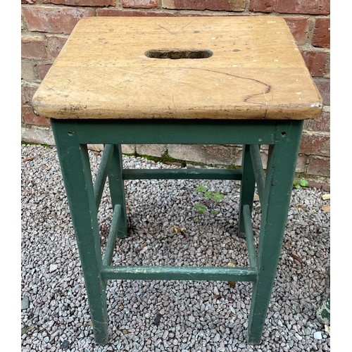 223 - GREEN PAINTED MILKING STOOL AND AN ART STUDIO STOOL