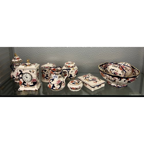 374 - MASONS MANDALAY PATTERN BOWL, OCTAGONAL JUG, OVOID JAR AND COVER AND BOXES