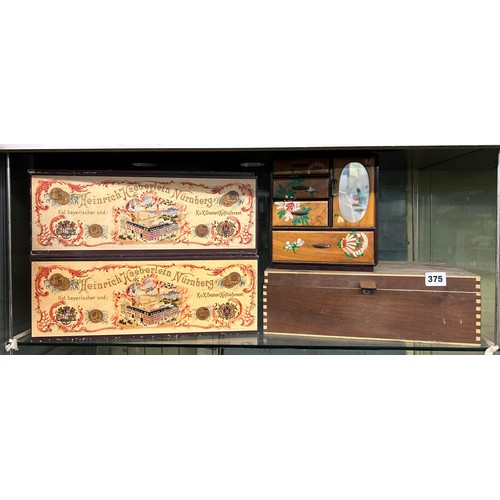 375 - MINIATURE JEWELLERY BOX AND TWO ADVERTISING BOXES