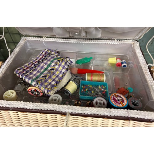 377 - CANE WORK AND EMBROIDED NEEDLE WORK BOX AND CONTENTS