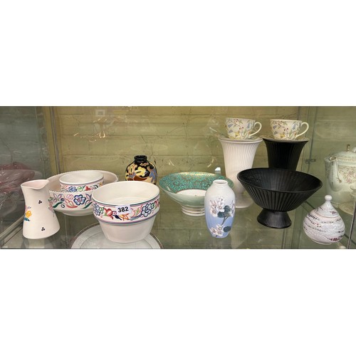 382 - POOLE POTTERY BOWLS, WEDGWOOD RIBBED TAPERED VASES AND BOWL, AND OTHER CERAMICS