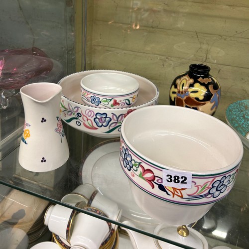 382 - POOLE POTTERY BOWLS, WEDGWOOD RIBBED TAPERED VASES AND BOWL, AND OTHER CERAMICS