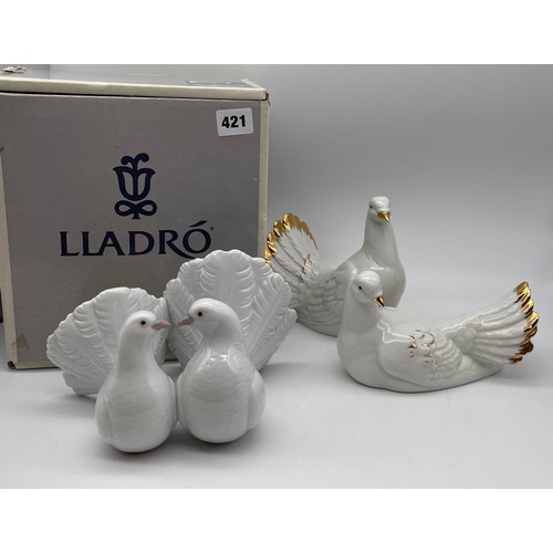 421 - LLADRO PEACE DOVES WITH BOX AND TWO VALENCIA DOVE FIGURES