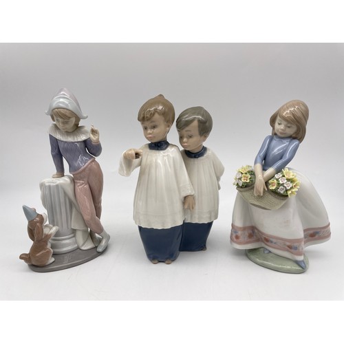 422 - LLADRO TUESDAYS CHILD AND MAY FLOWER FIGURES, AND NAO CHORISTER BOY GROUP A/F