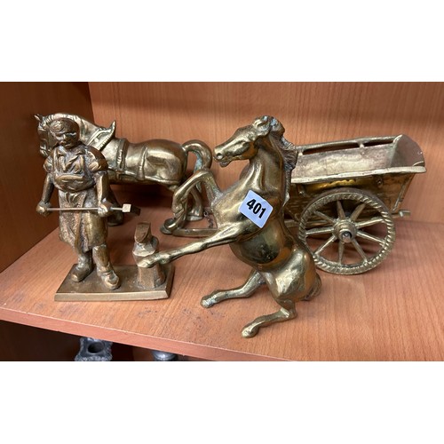 401 - BRASS HORSE AND HAYCART MODEL, BRASS REARING HORSE AND BLACKSMITH FIGURE GROUP