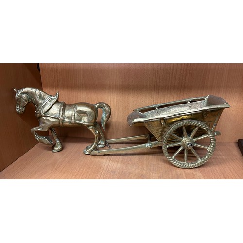 401 - BRASS HORSE AND HAYCART MODEL, BRASS REARING HORSE AND BLACKSMITH FIGURE GROUP