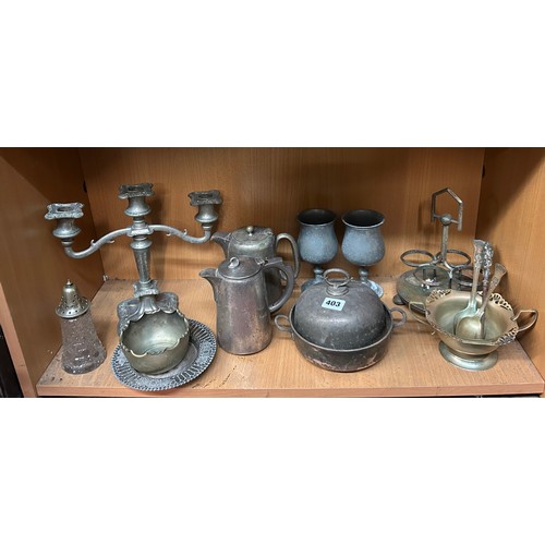 403 - BOTTOM SHELF OF EP AND PLATED WARES, GOBLETS, SIFTER, AND BOWLS