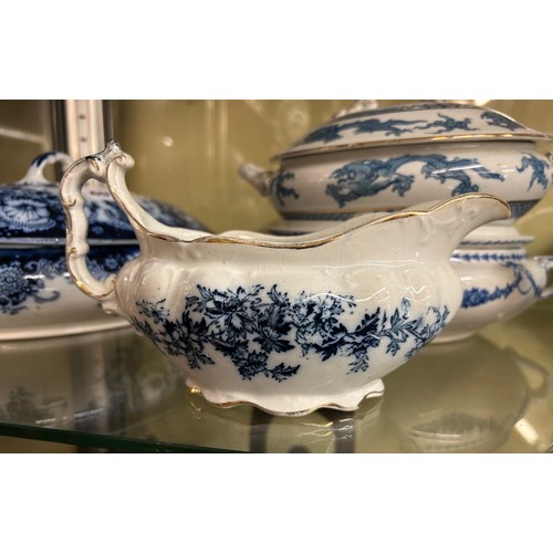 407 - FLO BLUE OVAL TUREEN AND COVER, OTHER BLUE AND WHITEWARE INC GRAVY BOAT AND TEAPOT