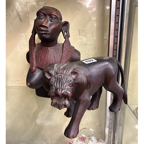 409 - CARVED AFRICAN FEMALE BUST FIGURE AND LION