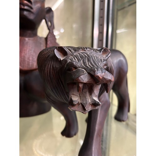 409 - CARVED AFRICAN FEMALE BUST FIGURE AND LION