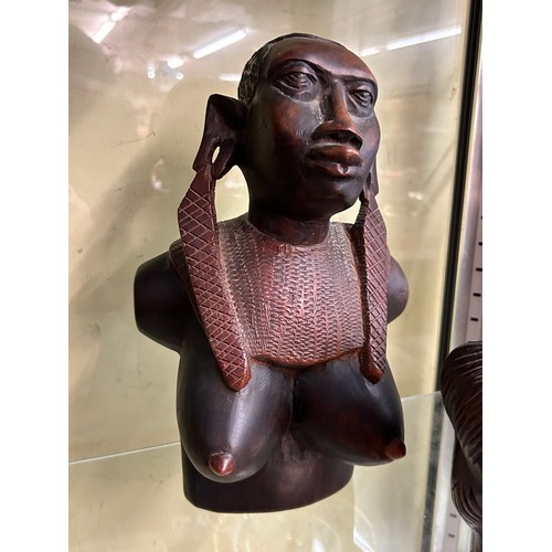 409 - CARVED AFRICAN FEMALE BUST FIGURE AND LION