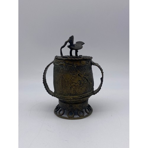 465 - GHANIAN ASHANTI BRONZE LIDDED KUDUO WITH SNAKE AND BIRD FINIAL