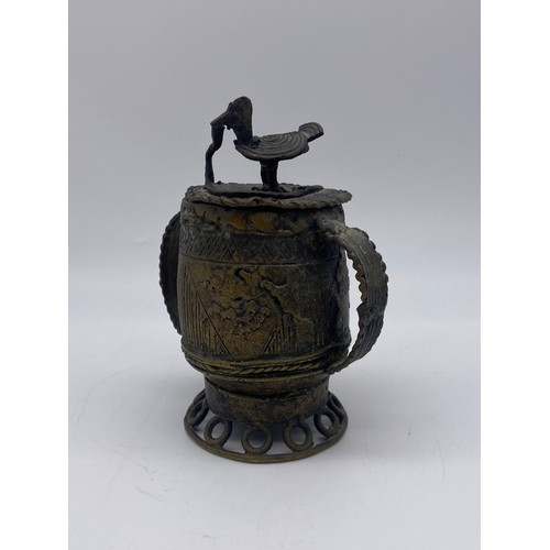 465 - GHANIAN ASHANTI BRONZE LIDDED KUDUO WITH SNAKE AND BIRD FINIAL