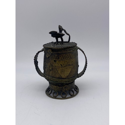 465 - GHANIAN ASHANTI BRONZE LIDDED KUDUO WITH SNAKE AND BIRD FINIAL