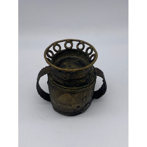 465 - GHANIAN ASHANTI BRONZE LIDDED KUDUO WITH SNAKE AND BIRD FINIAL