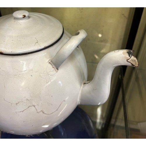 420 - BLUE ENAMEL CIRCULAR BREAD BIN AND WHITE ENAMEL GLOBULAR KETTLE