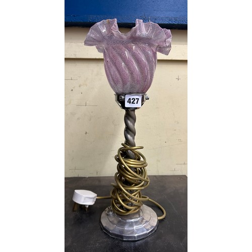 427 - CHROME BARLEY TWIST COLUMN ELECTRIFIED LAMP WITH LILAC CRIMPED SHADE