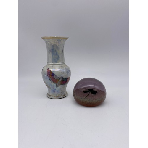 458 - PAPERWEIGHT WITH FOUR LEAF CLOVER CENTRE AND A LUSTRE BUTTERFLY AND MOTH BALUSTER VASE