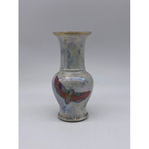 458 - PAPERWEIGHT WITH FOUR LEAF CLOVER CENTRE AND A LUSTRE BUTTERFLY AND MOTH BALUSTER VASE