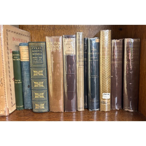 520 - TWO SHELVES OF HARDBACK BOOKS, THE LETTERS OF SAMUEL JOHNSON IN FIVE VOLUMES, LETTERS OF JAMES BOSWE... 