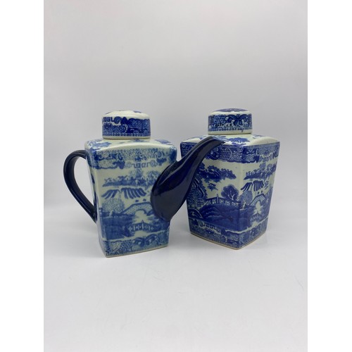 451 - RINGTONS BLUE AND WHITE WILLOWWARE TEAPOT AND TEA CANISTER