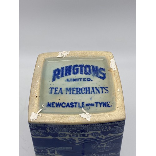 451 - RINGTONS BLUE AND WHITE WILLOWWARE TEAPOT AND TEA CANISTER