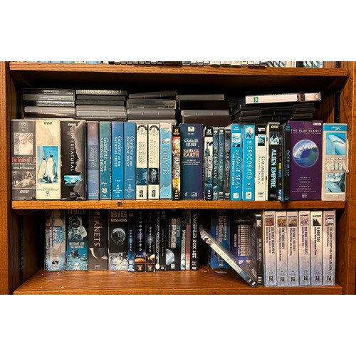 530 - FIVE SHELVES OF VHS FORMAT TAPES ON NATURE, THE PLANET, DVDS OF BRITISH RAILWAY JOURNEYS, THE BLUE P... 